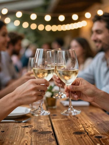 Close-up of hands clinking glasses over a rustic wooden table at an evening networking event, warm ambient string lights overhead, soft background bokeh, 35mm
