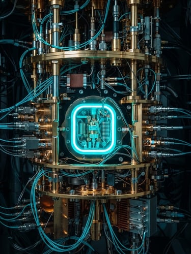 Macro technical photograph of a gold-plated dilution refrigerator component, sharp high-contrast shadows, cool laboratory lighting, neon-cyan internal hardware glow