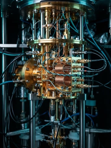 Macro photograph of a gold-plated dilution refrigerator component, sharp technical details, cool laboratory lighting, deep obsidian and neon-cyan tones, high-contrast shadows.