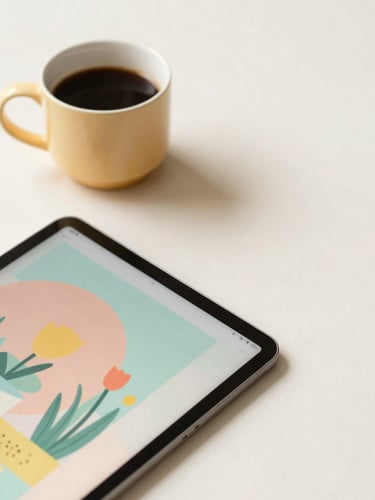 A cozy workspace flat lay with a warm cup of coffee, a digital tablet showing a colorful book cover, soft morning daylight, pastel tones.