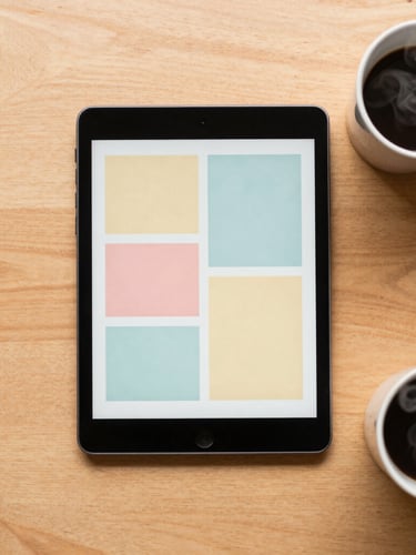 Flat lay overhead shot of a warm wooden desk, a tablet displaying a colorful digital ebook cover with clean geometric shapes, a ceramic coffee cup with steam, soft diffused morning daylight, cozy atmosphere, 35mm lens.