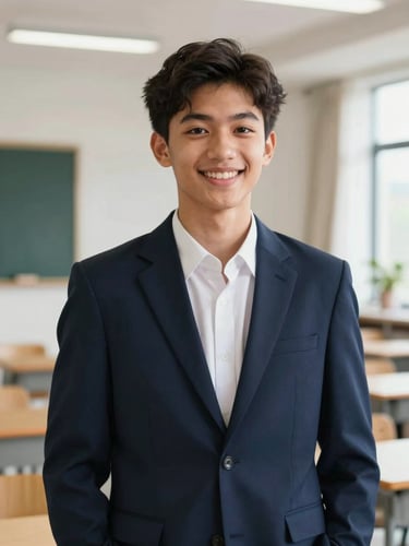 A confident young Muslim teenager smiling warmly, wearing a neat navy blazer, bright natural side lighting, modern clean academic background.