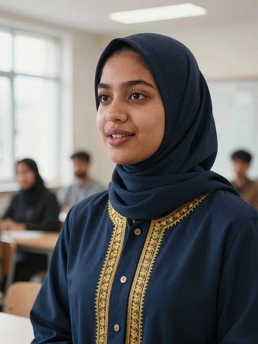A close-up of a young Muslim leader confidently speaking at a modern community workshop, bright natural daylight, shallow depth of field.
