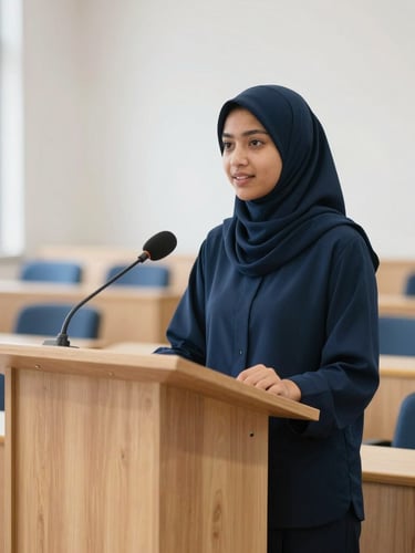 Bright editorial photography, natural daylight, a confident young Muslim teenager speaking at a modern wooden lectern in a clean seminar room, shallow depth of field, navy accents.