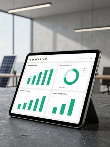 Close-up of a high-end tablet displaying clean energy analytics dashboard, modern minimalist concrete office background, sharp focus on data charts, professional lighting