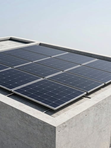 High-angle architectural photograph of a modern minimalist concrete villa roof with perfectly integrated dark monocrystalline solar panels, clean lines, bright daylight, Hasselblad medium format.