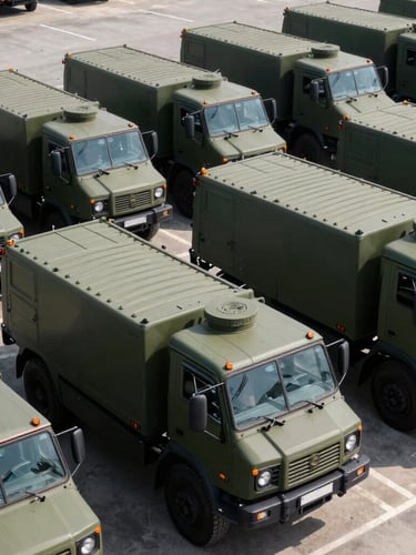 Wide shot of clean, branded military-style logistics vehicles parked in an organized motor pool under crisp daylight, high-contrast industrial tones, sharp focus, 35mm lens.