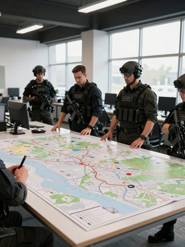 Wide shot of a clean, organized tactical office environment with maps on a large table, professional team members in field-ready gear, crisp natural daylight, high-contrast industrial tones, sharp focus, 35mm lens.