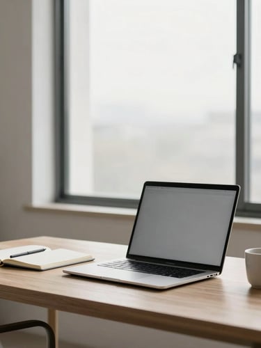 Minimalist corporate photography, a clean wooden desk with a high-end laptop, a notebook, and a ceramic cup, soft natural architectural daylight through a large window, warm silver tones, medium format.