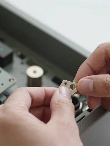 Macro detail of hands assembling vintage computer hardware under soft daylight, clean and structured composition, medium format