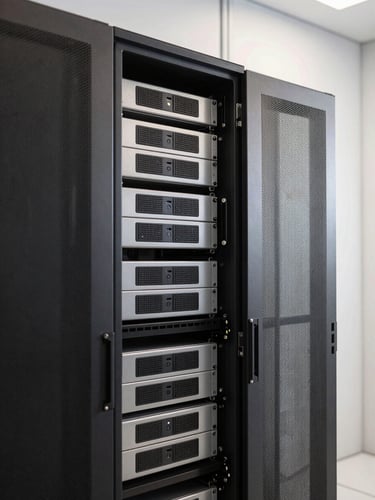 Clean server rack in a quiet modern server room, soft diffused architectural daylight, desaturated slate and silver tones, medium format