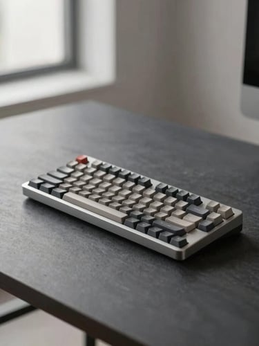 Minimalist modern remote workspace with a high-end mechanical keyboard on a dark slate desk, soft diffused daylight, premium corporate editorial style, medium format