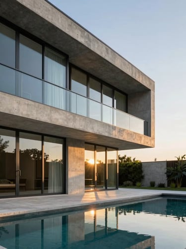 Architectural portrait of a modern concrete and glass residential villa at golden hour, clean geometric lines, warm light reflecting off a quiet pool.