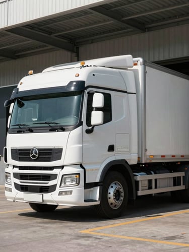Crisp daylight shot of a modern commercial transport truck parked at a clean geometric loading dock, sharp architectural lines, metallic steel details.