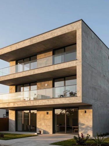 Golden hour architectural photograph of a modern concrete and glass residential villa, emphasizing clean geometric lines and premium materials.