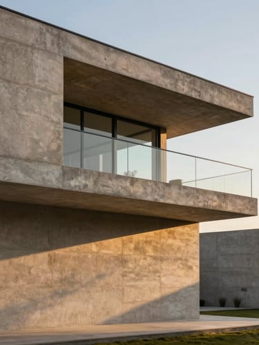 Minimalist architectural detail of a modern concrete and sandstone villa, sharp geometric lines, warm golden hour sunlight casting dramatic diagonal shadows.