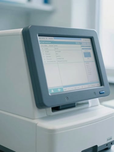 Cool-toned, bright clinical laboratory environment, macro close-up of a high-end medical analyzer screen showing technical data, sterile surgical white background, natural north-facing daylight style.