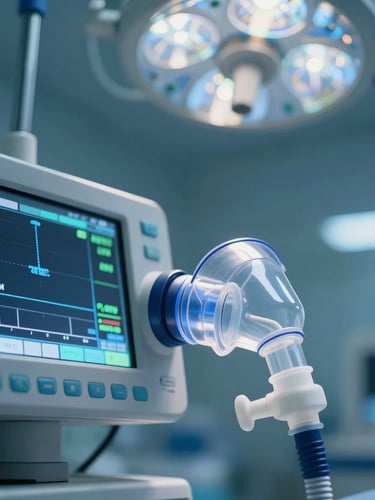 Macro close-up of a modern clinical ventilator interface, crisp LED screen displaying telemetry data, cool blue surgical lighting, sterile hospital environment background.