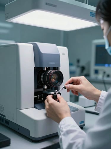 A certified engineer calibrating a high-precision medical analyzer in a cleanroom, cool-toned bright LED panels, sterile environment, focus on hands and technical tools.