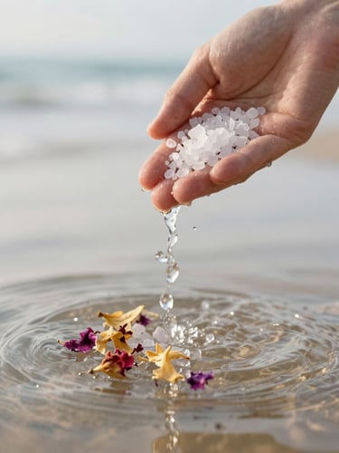 Close-up of hands pouring sea salt and dried flower petals into clear water, soft morning coastal light, tactile water ripples, shallow depth of field.