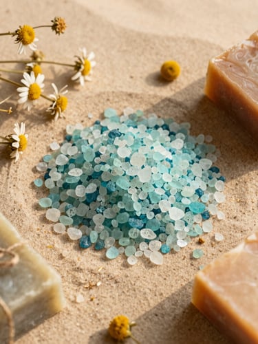 Beautiful overhead flat lay of natural sea salts, dried chamomile flowers, and handmade soap bars on a soft sandy background, warm golden hour shadows
