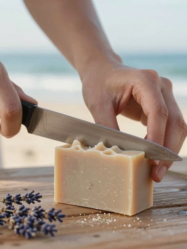 Close-up of hands cutting handmade soap on a rustic wooden table with dried lavender, soft morning coastal light, shallow depth of field