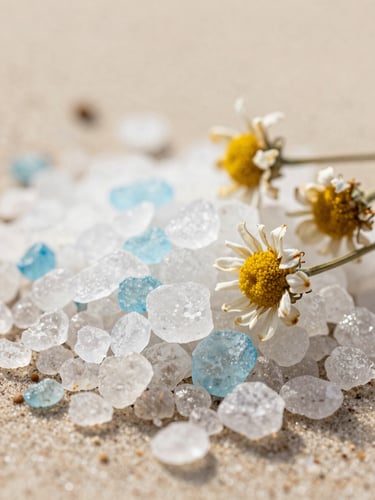 Macro shot of natural sea salt crystals and dried chamomile flowers on a soft sandy background, diffused morning light