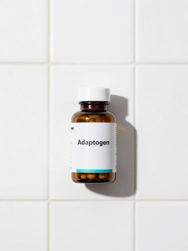 Overhead laboratory flat lay of a single amber glass bottle of adaptogen capsules on a stark white clinical stone tile, sharp defined shadows, 50mm lens
