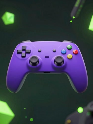 High-fidelity 3D render of a neon purple game controller floating in a dark digital space with glowing lime green geometric particles, shallow depth of field