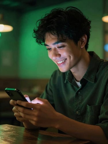 A vertical portrait of a young man smiling naturally while looking at his glowing phone screen in a moody, low-light cafe, dramatic neon green ambient lighting, rich saturated tones, shallow depth of field