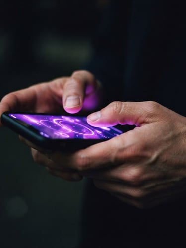 Extreme close-up of hands holding a smartphone with a glowing neon violet interface, dramatic screen-glow on fingers, dark moody background, 35mm