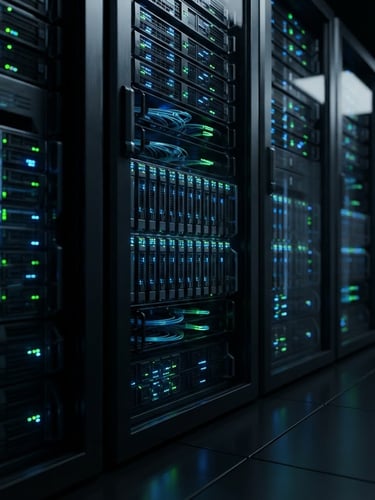 Sleek 3d render of clean server racks in a dark obsidian data center, glowing electric blue and neon green LED lights, macro perspective, octane render