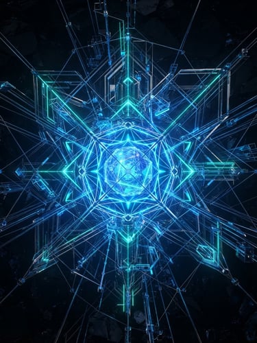 Sleek 3d render of an abstract glowing network node, dark obsidian background, electric blue and neon teal accents, clean geometric lines, octane render