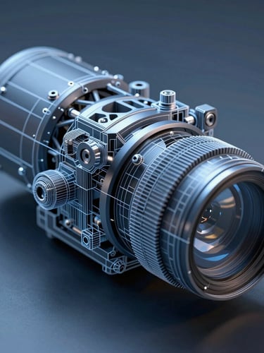 Macro close-up of a high-fidelity 3D rendered mechanical assembly, cool blue studio lighting, sharp shadows, technical wireframe overlays, high contrast