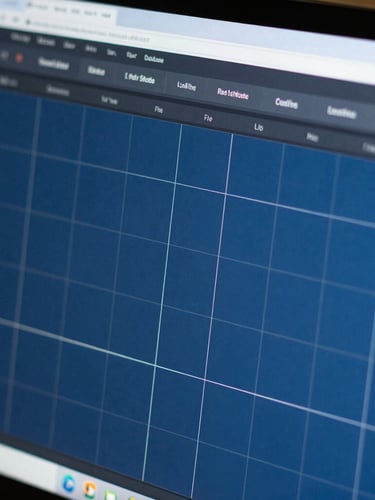 Macro crop of a finished user interface on a high-resolution display, showing dense grid lines, active blueprint-blue states, and clean typography.