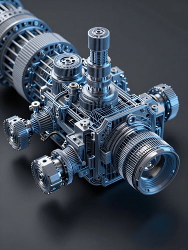 Extreme close-up of a 3D wireframe render of a complex mechanical interface, cool blue studio lighting, sharp shadows, high-contrast charcoal background.