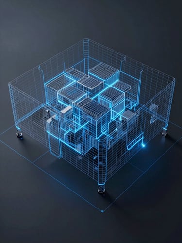 Orthographic flat-lay view of a complex 3D wireframe mesh, cool blue laser lines on deep charcoal background, sharp shadows, technical blueprint aesthetic.