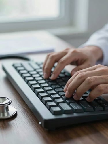 Macro close-up of a clinician's hands typing on a mechanical keyboard next to a stethoscope on a clean dark wooden desk, soft cool daylight from a window