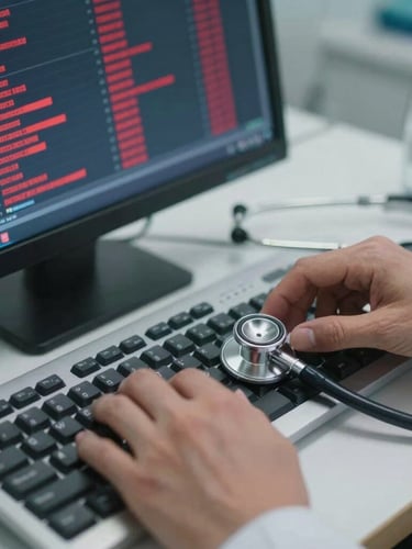 A close-up shot of a clinician's hands on a mechanical keyboard next to a stethoscope, with a high-contrast terminal window showing redacted patient data.