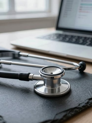 Macro close-up of a stethoscope resting on a dark slate desk next to a modern laptop displaying clean, redacted medical documentation, cool natural window light, clinical authority.