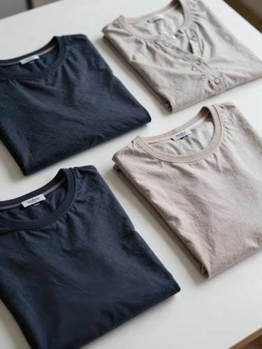 Close-up flat-lay of three folded fast-fashion garments — a cropped top, a light blouse, and a printed tee — arranged on a clean white surface under diffused studio daylight, a small printed import label visible on one tag, clinical documentary framing with no shadows