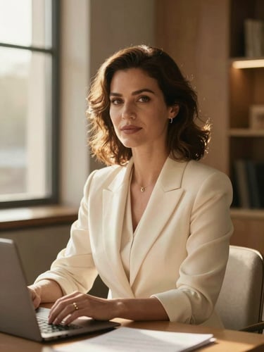 Warm editorial portrait of a professional woman in a sunlit modern workspace, soft golden-hour window light, rich cream tones, shallow depth of field, 35mm