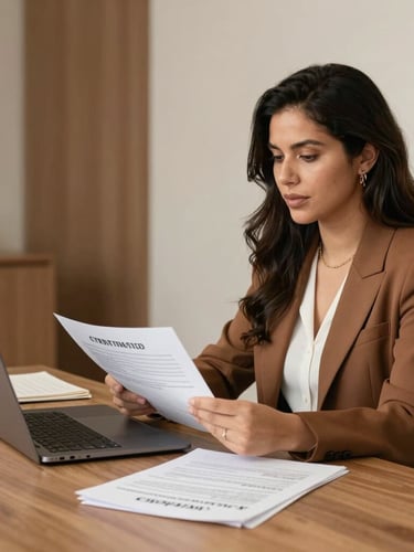 Professional woman in a warm, sunlit workspace, elegant hands holding high-quality stationery, warm soft natural light, golden hour, 35mm