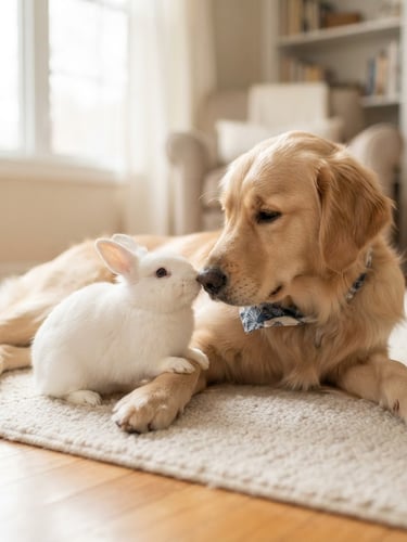 Soft-focus image of a golden retriever and a fluffy white rabbit interacting gently on a clean, light-colored rug in a sunny living room, warm neutral tones, soft diffused window light, eye-level medium shot, shallow depth of field, natural pet photography.
