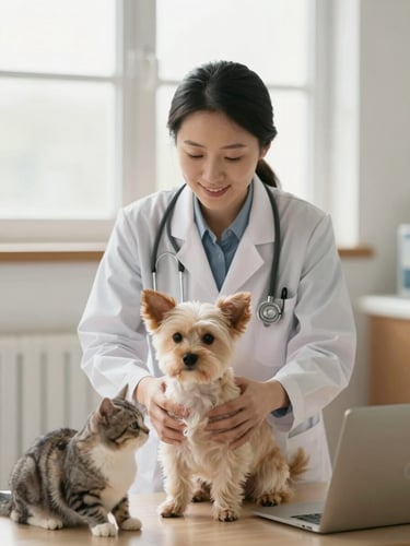 Warm, candid portrait of a veterinarian or pet care expert gently interacting with a small dog and a cat, soft diffused window light, clean home environment, eye-level medium shot, shallow depth of field, natural pet photography.