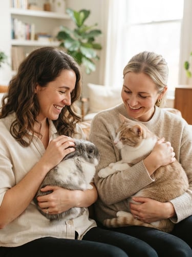 Portrait of two friendly founders smiling, holding a small rabbit and a cat, in a bright, clean home environment with soft diffused window light, warm neutral tones, shallow depth of field. The founders are interacting gently with the pets. The image is framed to bleed to the right edge.