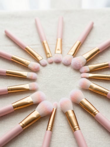 High-angle flat lay of tapered gold-accented makeup brushes on a clean beige linen texture, aspect: portrait