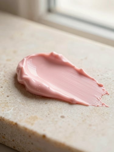 Macro shot of soft pink cream blush on a warm alabaster stone surface, soft morning light, aspect: portrait
