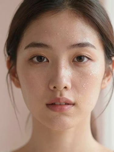 Close-up portrait of a woman with dewy skin, soft morning light, natural texture visible, warm alabaster background, 85mm