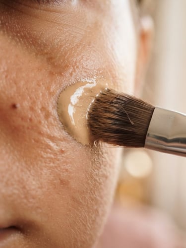 Macro texture shot of creamy liquid foundation blending onto warm skin, soft morning light, shallow depth of field, 85mm